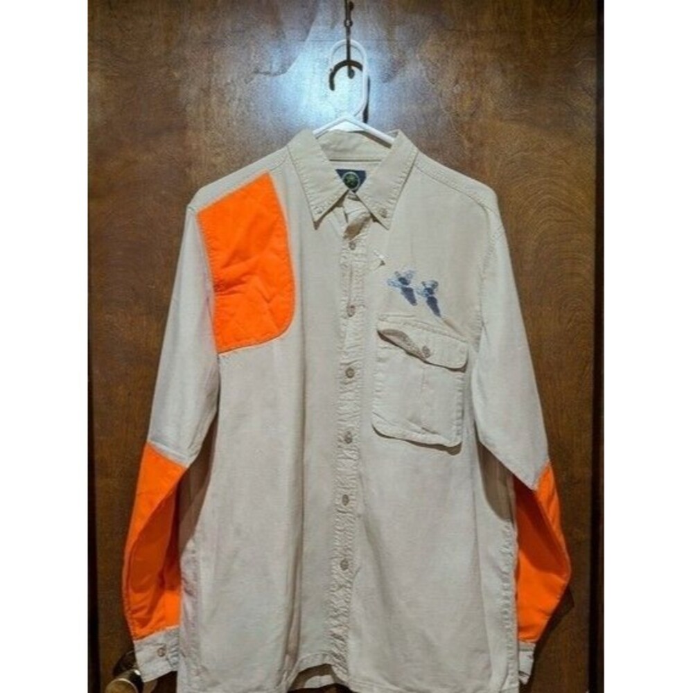 Hunters Select Mens Khaki & Orange Hunting Shirt L 100% Cotton With Embroidery